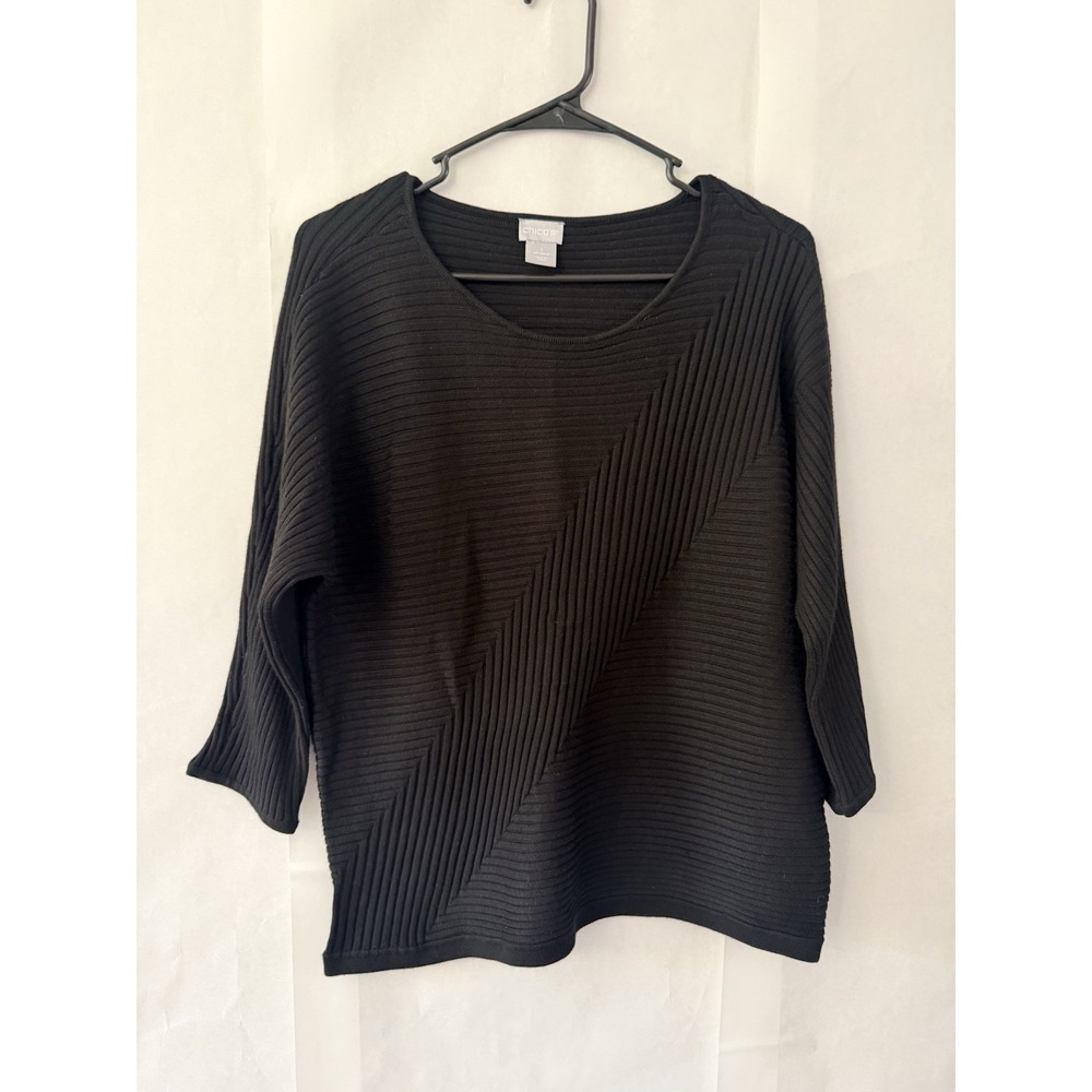 Chico Sweater Women's Black Ribbed Size Medium 3/4 Length Sleeve - Picture 1 of 8